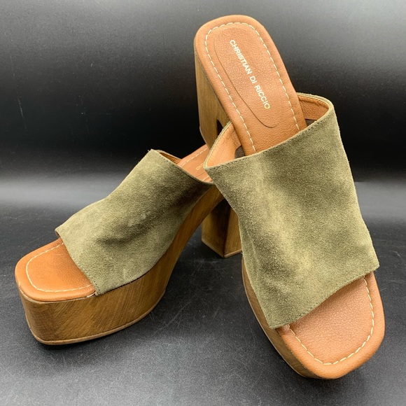 Christian Di Riccio Italy Green Suede Chunky Platform Heels Size 41 10.5 - Picture 1 of 7